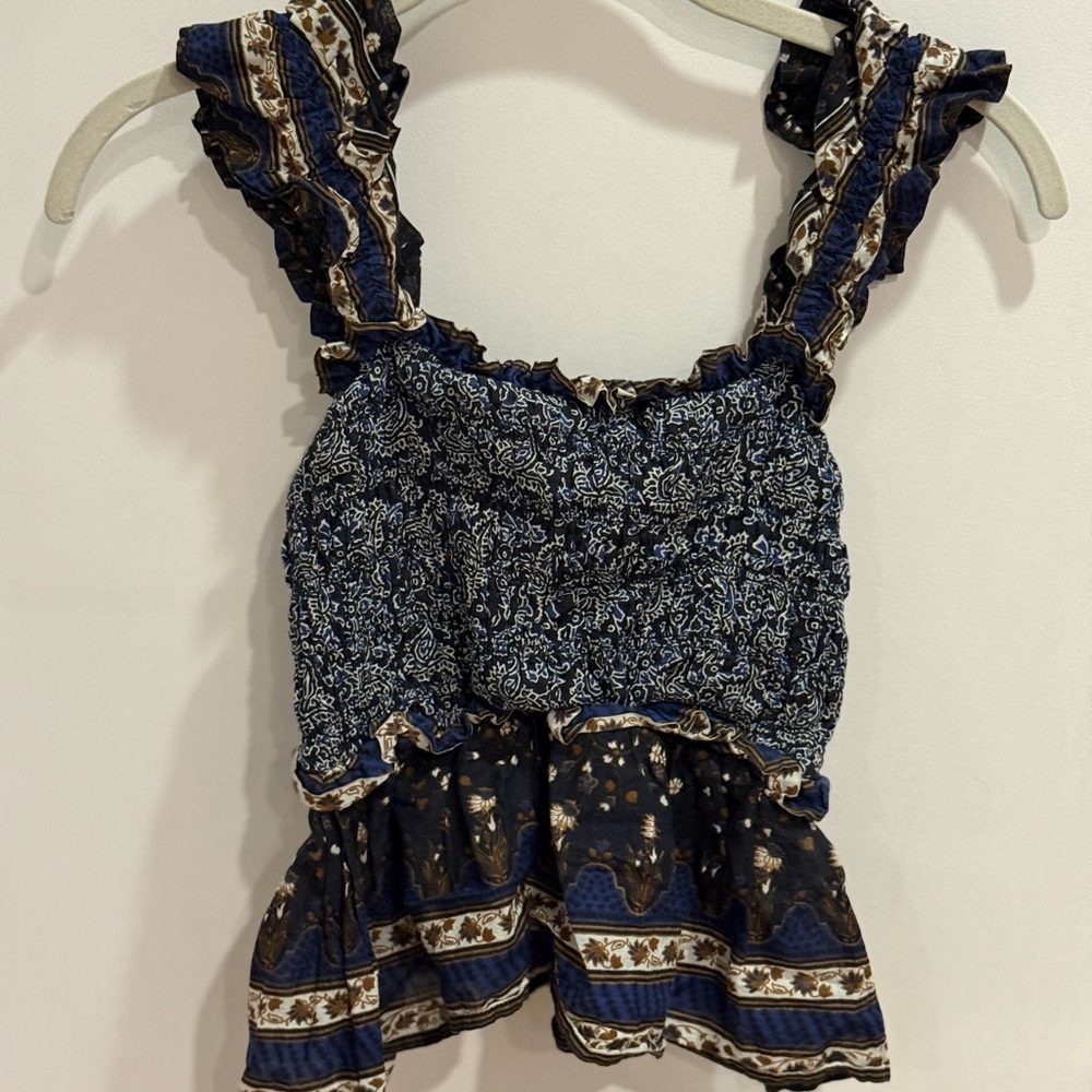 Sea New York Blue and Brown Floral Ruffle Tank Top